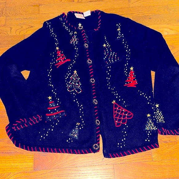Vintage “ugly” sweater cardigan sweater embellishment’s Christmas trees beads - Picture 1 of 6